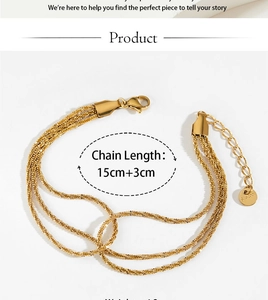 Detailed view of triple-layered gold stainless steel chain with lobster clasp and tag
