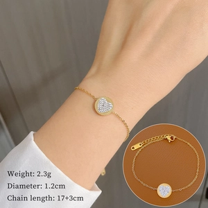 Stainless Steel Bracelet For Women Heart Round Disc Pendant Pave Rhinestone Elegant Adjustable Chain Jewelry Gift