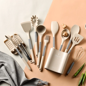 13-piece cream silicone and stainless steel kitchen utensil set with holder