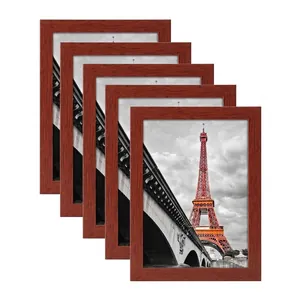Set of 5 minimalist dark walnut wood grain frames with Eiffel Tower art prints