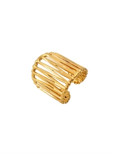 Detailed close-up of 18k gold plated stainless steel wide ring with hollow cage design