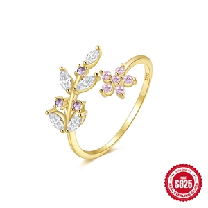 925 Sterling Silver Ring Flower And Leaf Design With Marquise White And Pink Zircon Adjustable Open Jewelry For Women