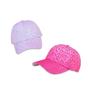 Kids leopard print baseball caps in purple and pink with curved brims for fashion
