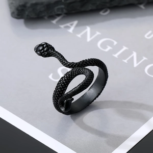 Gothic matte black snake ring with detailed scale texture and 3D wrap-around design