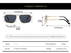 Detailed size chart for metal sunglasses showing frame width lens height and temple length