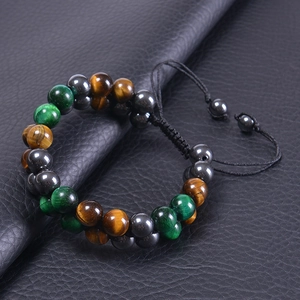 Bracciale a doppio strato con occhio di tigre verde e ematite intrecciata 10mm
