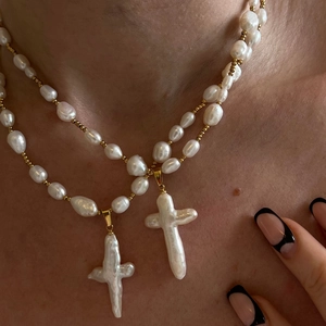 Baroque Artificial Pearl Cross Pendant Necklace Vintage Gold Plated Copper Jewelry For Women