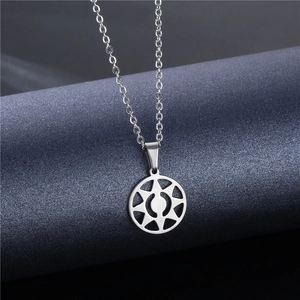Detail of round hollow pendant with sunburst eye design on stainless steel chain