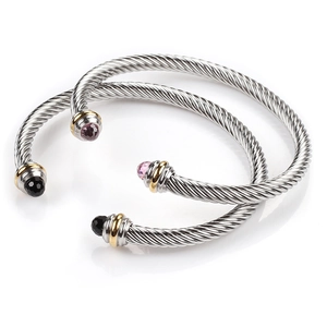 Adjustable twisted cable wire cuff bracelet with colorful gemstone ends in stainless steel