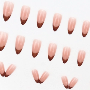 French almond press-on nails with leopard tortoise shell tips and glossy nude base