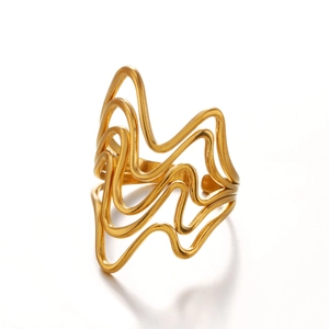 Minimalist irregular wave-shaped 18K gold-plated stainless steel ring with open design
