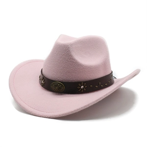 Pink felt cowboy hat featuring brown leather band with vintage floral metal rivets