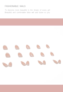 Detail of French style press-on nails with pink base and white swirl line design