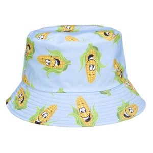 Sky blue cotton sun hat featuring vibrant cartoon corn prints for outdoor casual wear