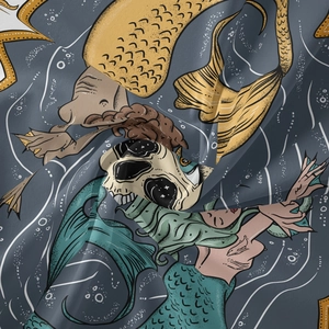 Detailed view of ocean skeleton mermaid print fabric with smooth texture and artistic draping