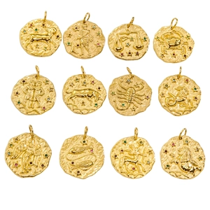 12 Zodiac hammered round pendants in 14K gold plated stainless steel with zircons