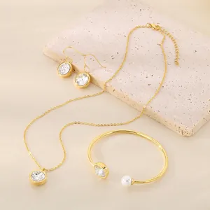 Stainless Steel Round Zircon Pendant Necklace Hook Earrings Shell Artificial Pearl Bracelet Jewelry For Women Fashion Accessory