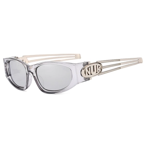 Y2K futuristic sports sunglasses with transparent grey frame and silver hollow metal temples