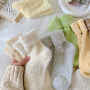 Thick warm faux mink velvet socks in various macaron colors for autumn and winter wear