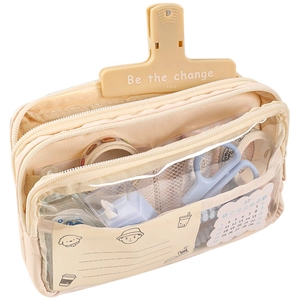Three-layer clear capacity pencil case in cream beige with multi-zipper storage compartments