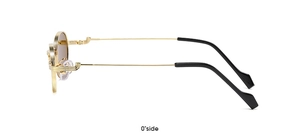 Side view of golden metal glasses frame with black temple tips and classic hinge detail