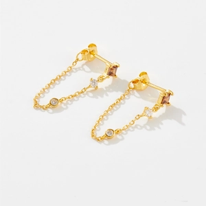 Elegant S925 silver gold chain earrings with white and brown zircon for women