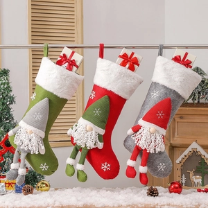Christmas Stocking 3D Gnome Faceless Old Man Knitted Plush Snowflake Embroidery Hanging Holiday Decor Gift Bag