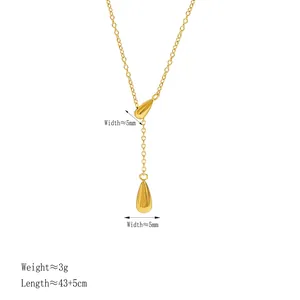 Polished gold titanium steel Y-shaped necklace with elegant double water drop pendants
