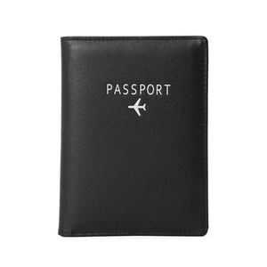Classic black RFID blocking passport cover with aircraft icon and white text