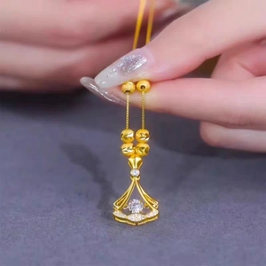 Elegant gold-plated necklace with fan-shaped zircon pendant and heart bead chain charm