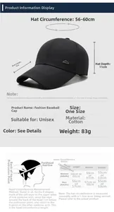 Size chart for adjustable cotton baseball cap showing detailed dimensions and fitting guide