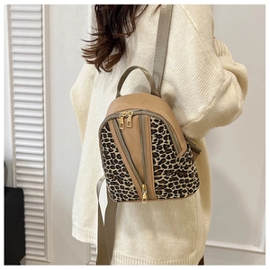Detailed back view of a chic leopard print backpack with stylish double zipper accents