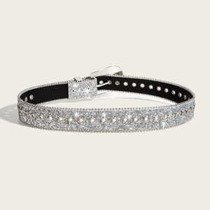 Sparkly rhinestone western style belt for women with silver glitter and metal buckle