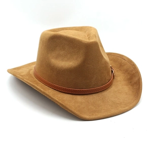 Close-up of tan suede western cowboy hat with brown leather belt and metal buckle detail
