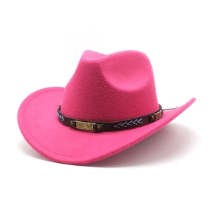 Classic magenta wool felt cowboy hat with embroidered leather band on white background