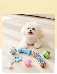 Set di giocattoli resistenti per cani con corde e palline su un pavimento in legno