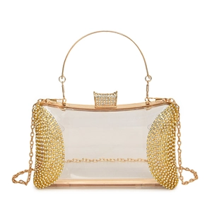Luxury transparent acrylic evening clutch bag with gold metal frame and rhinestone accents