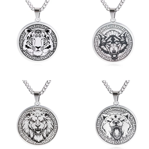 Men's titanium steel necklaces with tiger, wolf, lion, and bear animal head pendants