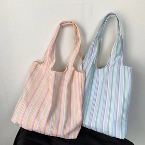 Sac Cabas À Rayures En Toile Seersucker Grande Capacité Sac À Main Bandoulière Style Littéraire Frais Pour Femmes