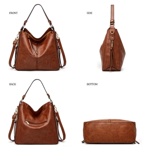 Brown leather tote bag for women showing front, side, back and bottom views