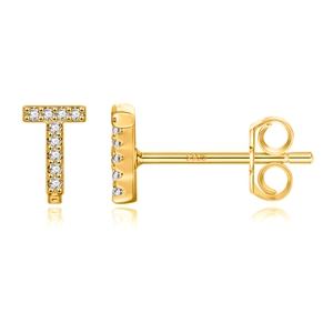 Close-up of T-shaped gold plated stud earrings with S925 silver hallmark and sparkling stones