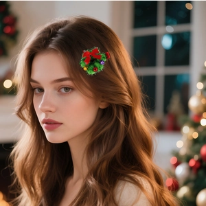 Close-up of a festive green Christmas wreath hair clip with a red bow and tiny bells