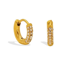 Close-up of 18K gold plated huggie earrings with double-row zircon stones in macro view