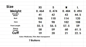 Size guide for knit cardigan showing measurements for XS S M L sizes with weight details