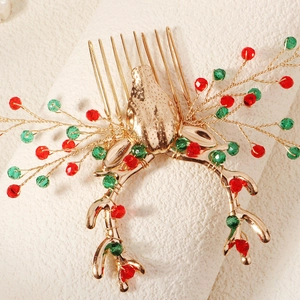 Christmas reindeer antler hair comb with gold plating and red green crystal beads