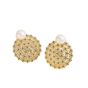 Elegant 14K gold plated pearl earrings with hollow floral design and blue zircon accents