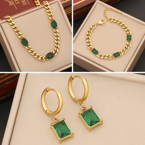 Emerald Green Square Gemstone Necklace Bracelet And Earrings Stainless Steel Cuban Chain Geometric Elegant Fashion Jewelry