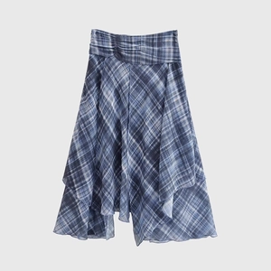 Gonna Midi Asimmetrica A Quadri Da Donna Chiffon Vita Alta Arricciata Chic Casual Retrò Blu