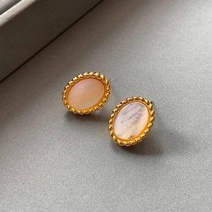 French vintage oval gold earrings with pink mother-of-pearl inlay and twisted rope edge