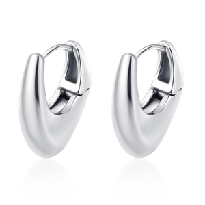 Detailed close-up of silver stainless steel geometric hoop earrings with polished finish